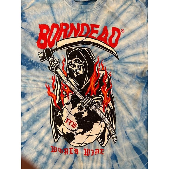 Born Dead Clothing Adult Medium Tie-Dye Grim Reaper with Scythe on Blue Shirt - Picture 1 of 5